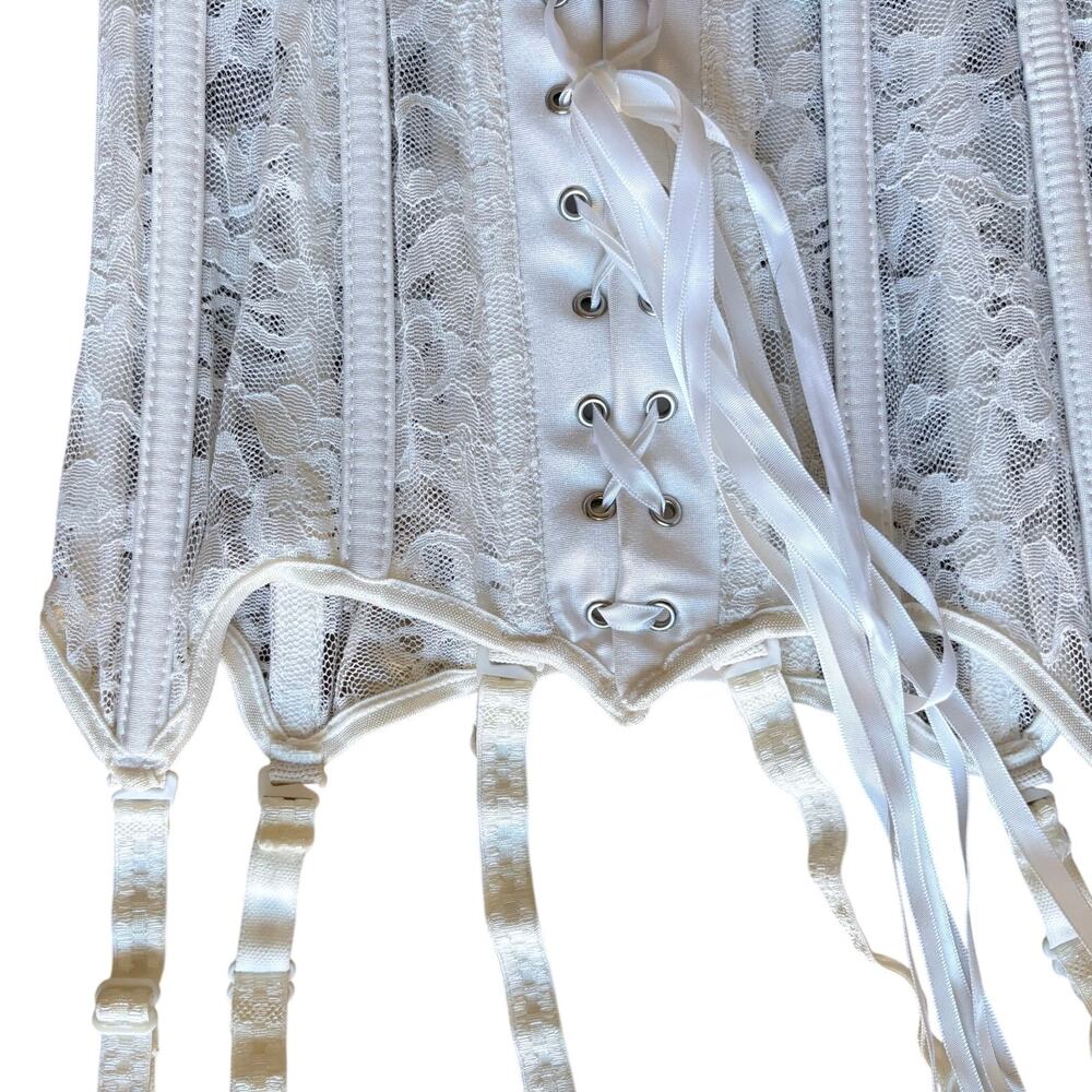 Coquette White Lace Boned Waist Cincher w/ Garters Shaper Shepherdess Steampunk - Picture 5 of 11